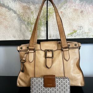 Fossil Vintage Revival Satchel Bucket Leather Shoulder Bag & Wallet